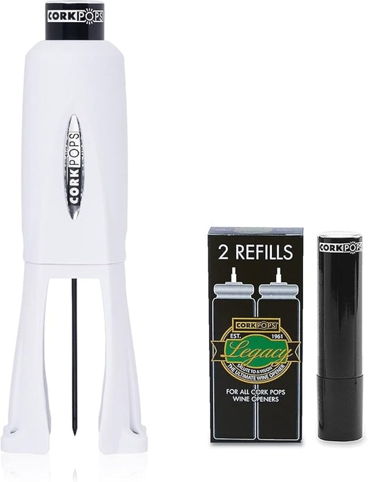 Cork Pops Legacy Wine Opener Built-in 4-Blade Foil Cutter Safe Cork Removal, Effortless Push Button Use, Needle Guard for Safety, Low-Pressure Cartridge Opens Up To 60 (White, With 3 Cartridges)