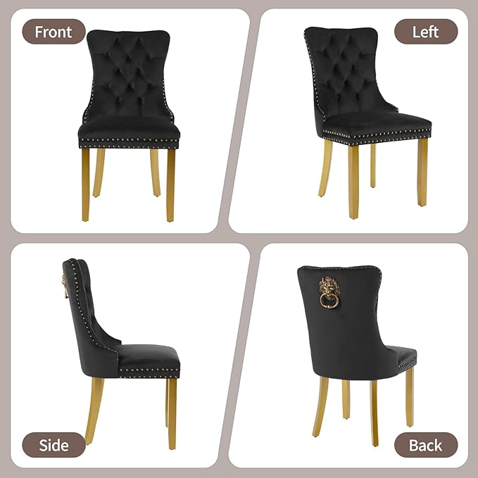 Velvet Dining Chairs Set of 6, Upholstered Dining Room Chairs with Lion Head Pulls Ring and Golden Solid Wood Legs, Modern Button Tufted Kitchen Chairs for Dining Room, Kitchen(Black)