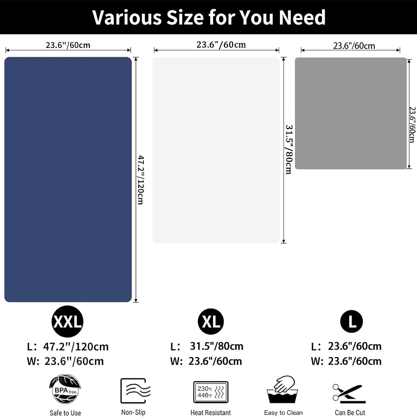 2MM Super Thick Large Silicone Mat, 23.6"x23.6" Silicone Mats for Kitchen Counter, Non-slip Heat Resistant Mat, Waterproof Countertop Protector Mats (Dark Grey)