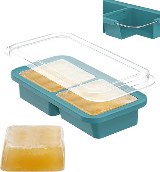 DOQAUS Silicone Freezer Molds, Reinforced Steel Frame 2-Cup Ice Cube Trays with Lid, 2-Cavity BPA-Free Soup Containers for Meal Prep, Kitchen