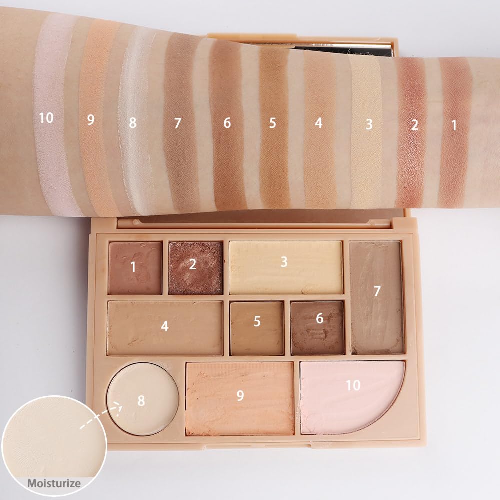 All-in-one Disk Conceal Contour Eyeshadow Palette with Mirror-10 Colors Highly Pigmented Matte Shimmer Primer Powder Makeup-Warm Nude Bronze Neutral Shadows 04#