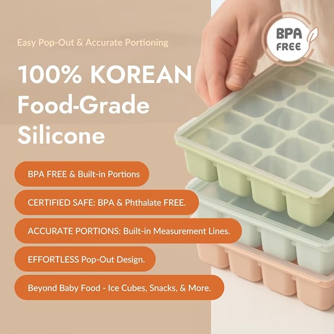 Baby Food Storage Silicone Cubes with Clip-On Lid Freezer Tray Baby Food Soups Purees Ice Safe Design Made in Korea(20cubes 0.8oz, Sand Beige Set of 2)
