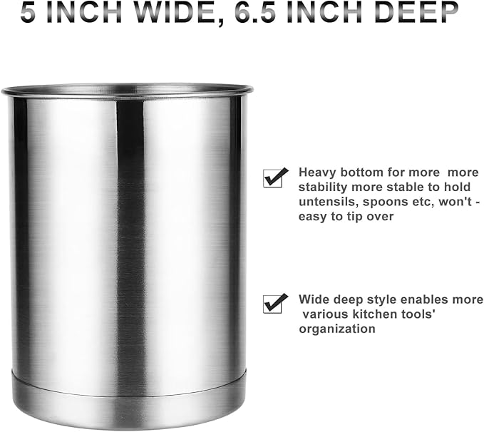 KSENDALO Stainless Steel Utensil Holder for Counter, Brushed Metal Utensil Crock Canister for Cooking Utensils on Countertop, with Heavy Base, Dishwasher Safe,Silver