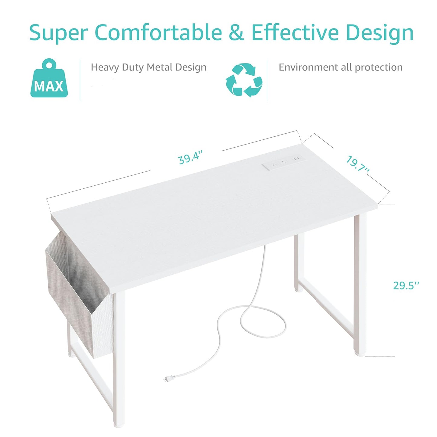 Lufeiya White Computer Desk with Power Outlet, 40 inch Simple Teen Study Table Home Office Work Writing Desks with Charging Station Outlets USB Port Built in, Storage Pocket，White