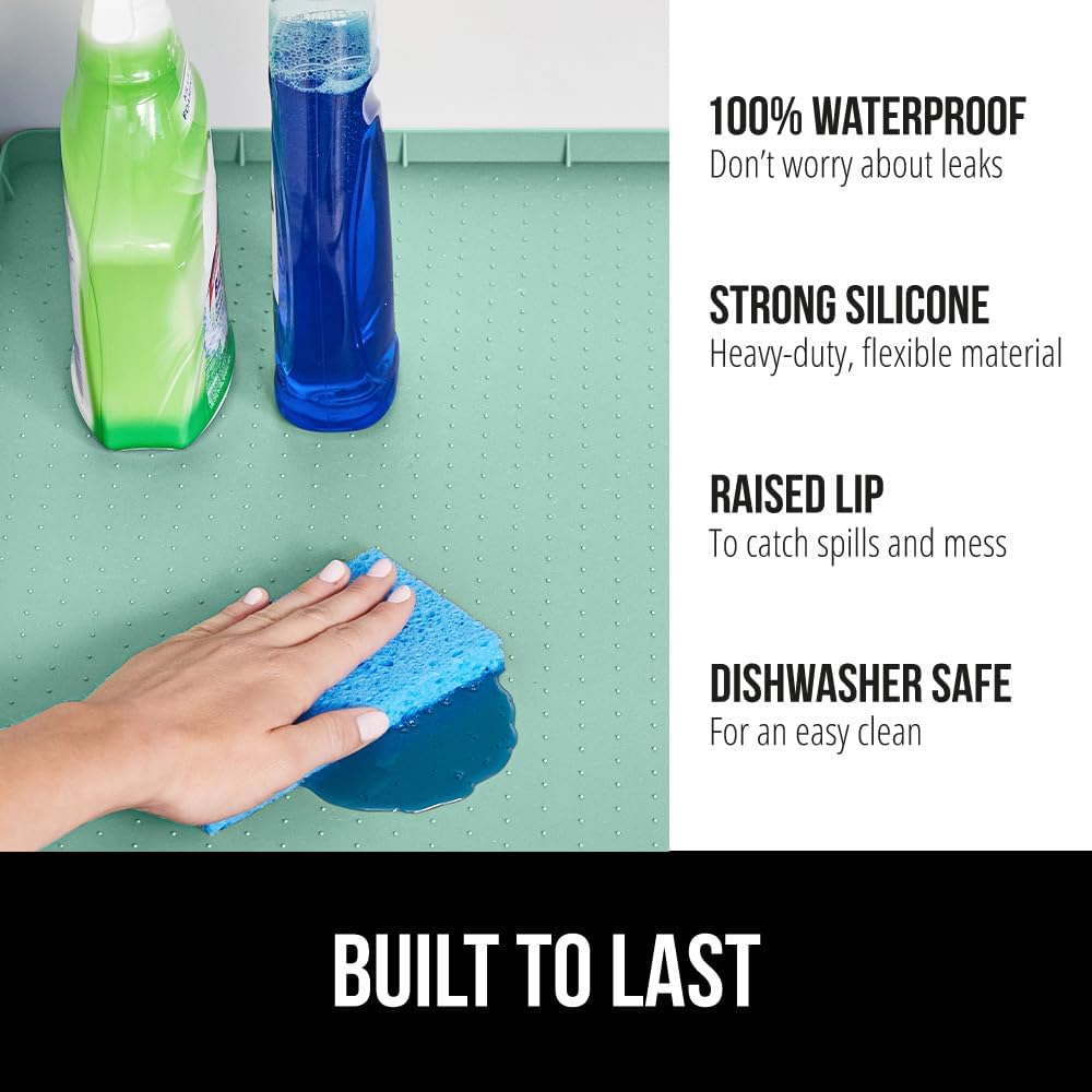 GORILLA GRIP Waterproof Silicone Under Sink Mat with Raised Lip for Kitchen and Bathroom, 46 x 22 in, Cabinet Shelf Liner Stay in Place Mats Dishwasher Safe Drawer Liner, Organizer Tray, Mint