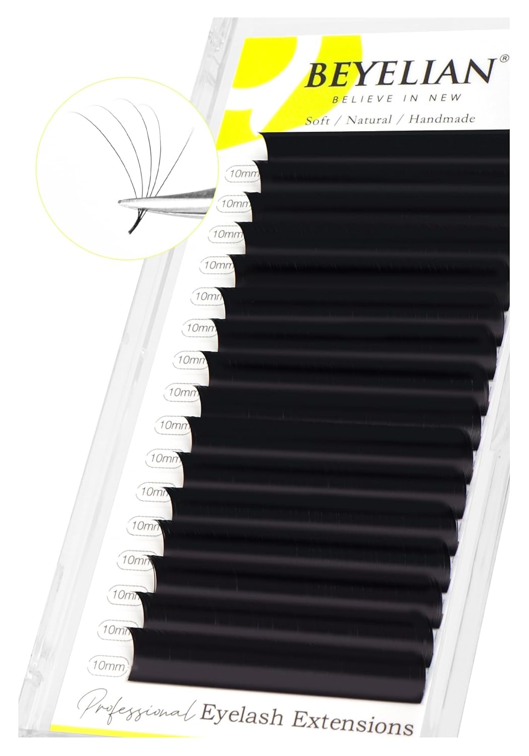 BEYELIAN Eyelash Extension 0.05 D+ Curl 10mm Tray Easy Fan Lash Extensions Volume Lashes 100°/212°F High Temperature Resistant Classic Professional Use Natural Matte Black (0.05 D+ 10mm)