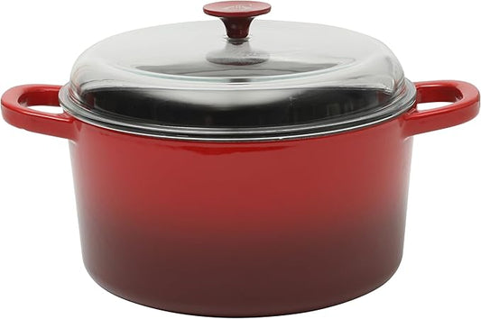 Crock Pot Artisan 7-Quart Round Enameled Cast Iron Dutch Oven With Oven Safe Borosilicate Glass Lid, Heavy-Duty Cookware for Baking, Roasting & Slow Cooking, Red