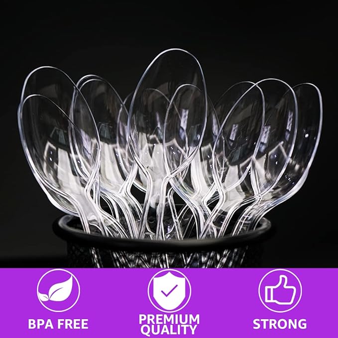 [400 Count] Clear Plastic Spoons Heavy Duty Disposable Spoon Reusable Bulk Plastic Utensils Sturdy Cutlery Set Durable Plasticware Silverware for Party,Every Day Use,Picnic,Camping,Wedding,Barbecues