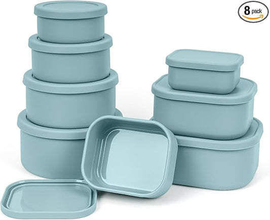 100% Silicone Food Storage Containers with Lids, 8 Pack, 10oz to 51oz, Reusable Leakproof Nesting & Stackable Silicone Bento Lunch Box, Microwave Freezer Dishwasher Oven Safe, BPA Free, Slate Green