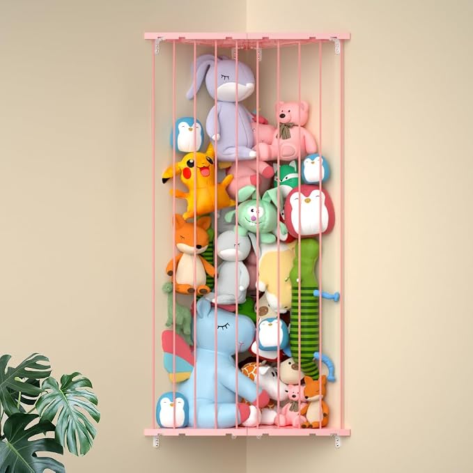 Stuffed Animal Storage Shelf Organizer(Patented) - Corner Stuffed Animal Holder Length Adjustable - Wall Plush Storage for Nursery Playroom Bedroom Kids Room (Pink, Extra Large)