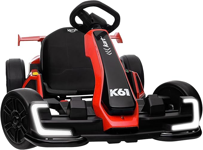 KerryYoo K61 Go Kart Electric Drift Kart with Length Adjustable Seat, 24V Outdoor Ride on Toy with 4 Speed Mode, Crazy Kart for Kids 6-12 Years Old, Fast 300W Motor, 8.5 MPH, Bluetooth - Red