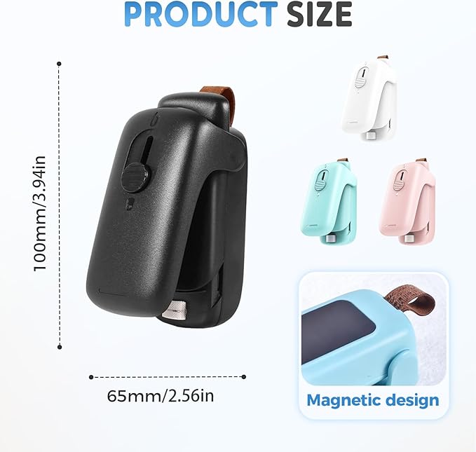 Mini Bag Sealer, Upgraded 2 in 1 Mini Bag Sealer with Cutter and Magnet, Magnetic Portable Plastic Bag Sealer for Snacks, Chips, Food Freshness Storage (1, White)