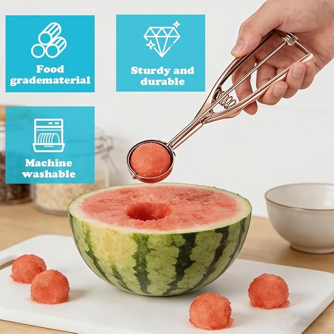 Gold Ice Cream Scoop 304 Stainless Steel Cookie Scoops for Baking Melon Baller with Trigger 3 Sizes (Rose Gold, S/M/L)