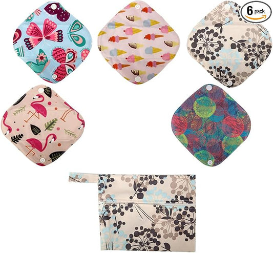 5 Cloth Menstrual Pads 1 Wet Bag XS Panty Liners Reusable Washable (Silver Foliage, XS Panty Liners)