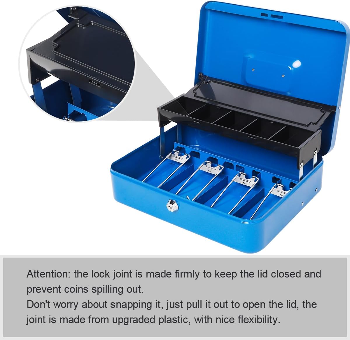 Jssmst Locking Metal Cash Box with Coin Lid, 11.8L x 9.5W x 3.5H Inches, Safe Money Box with Key Lock, Blue, SM-CB0513BL
