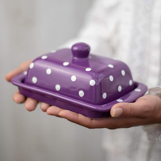 City to Cottage Large Butter Dish with Lid for Countertop, Ceramic Butter Keeper, Butter Container with Knob Handle, Butter Holder Tray with Cover, Handcrafted Purple Polka Dot Butter Dish