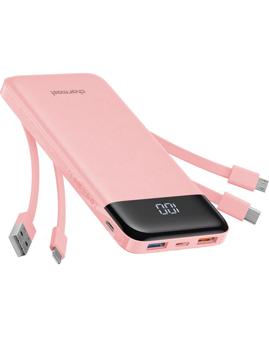 Charmast Portable Charger with Built in Cables, Power Bank with Cords Wires, Slim 10000mAh Travel Battery Pack 6 Outputs 3 Inputs 3A Fast Charging for Samsung Google Pixel LG Moto iPhone iPad