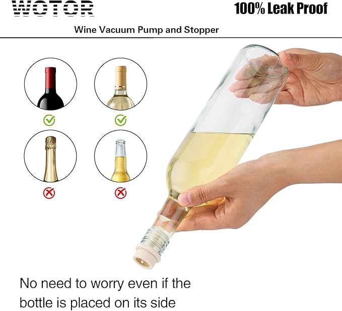 WOTOR Wine Saver Vacuum Pump with 8 Stoppers, Wine Stopper & Preserver, Reusable Bottle Sealer Keeps Fresh, Ideal Accessories Gift, Flat Handle (Cream)