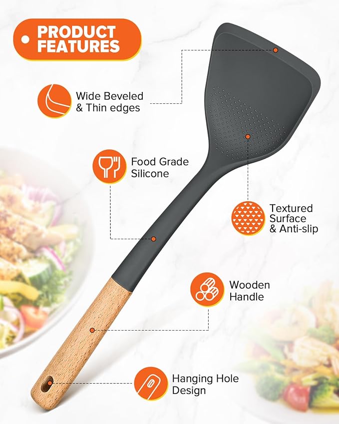 Silicone Cooking Utensils Set, Perfectly Angled for Frying, Mixing,Serving,Draining,Turning and Stirring, BPA-Free Matte Silicone, Wood Handles, Safe for Nonstick Cooking Surfaces,4 Pack (Grey)