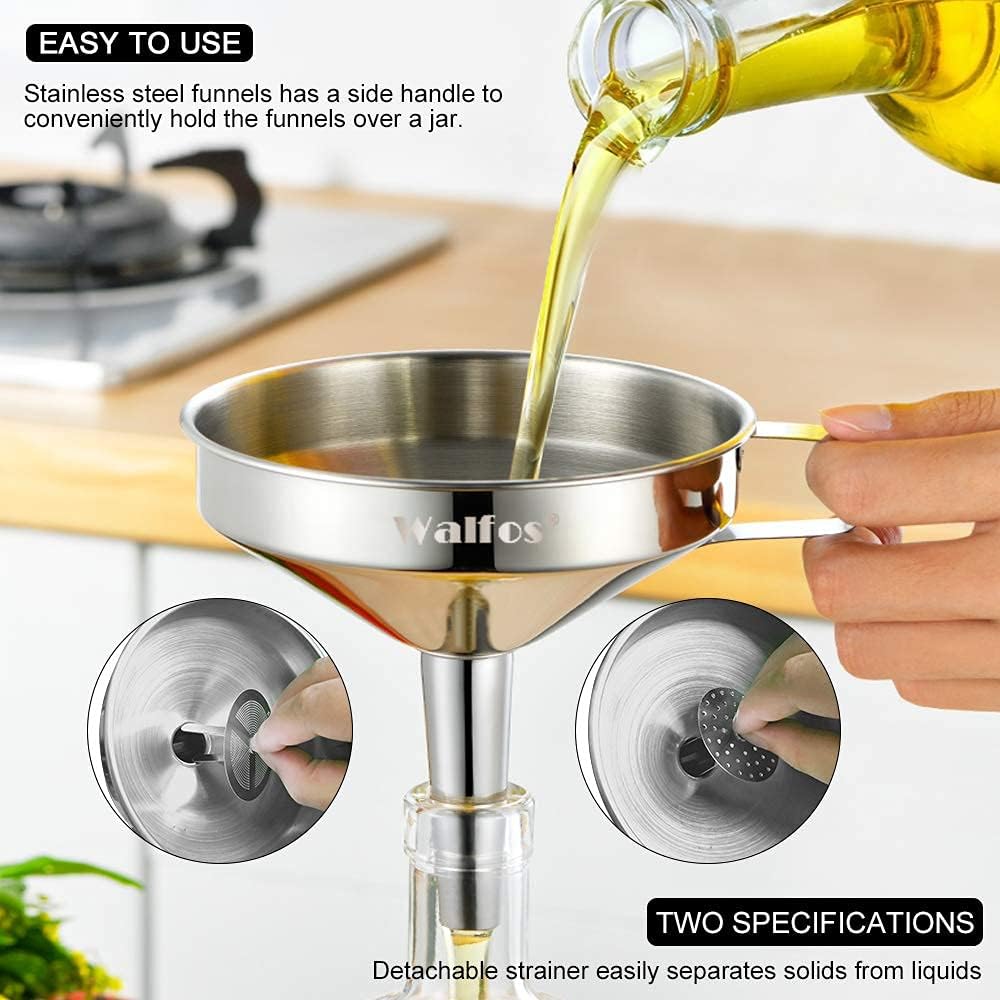 Stainless Steel Funnel, Walfos 3 Pack Kitchen Funnel with 2 Removable Strainer ＆ 1Pcs Cleaning Brush, Perfect for Transferring of Liquid, Oils, Jam, Dry Ingredients & Powder