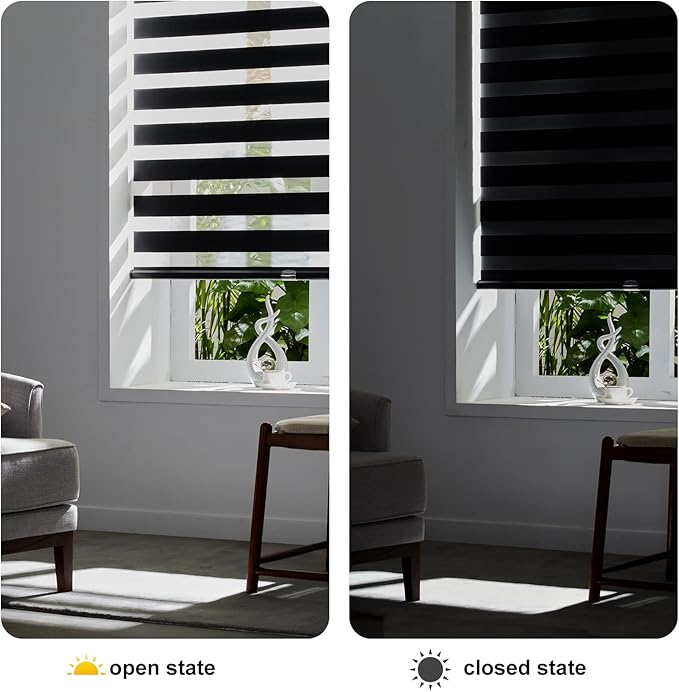Persilux Cordless Zebra Shades (47" W X 72" H, Black) Free-Stop Window Shades Dual Layer Light Control for Day and Night, Light Filtering Sheer Blinds for Windows, Easy to Install
