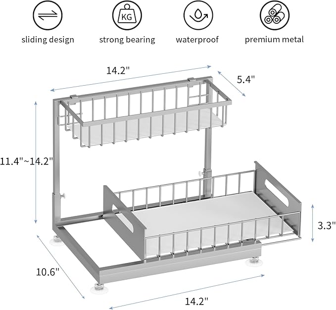 Saydear Under Sink Organizer Storage 2-Tier Premium Metal Pull-Out Kitchen Cabinet Organizer with Sliding Drawer, Height Adjustable, Heavy Duty for Kitchen & Bathroom Organizers 2 Pack Grey