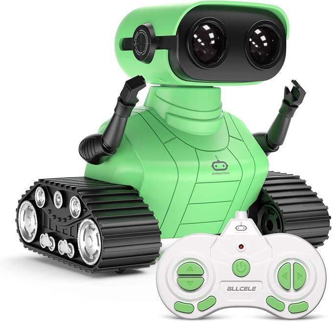 ALLCELE Robot Toys, Rechargeable RC Robot for Boys and Girls, Remote Control Toy with Music and LED Eyes, Gift for Children Age 3 Years and Up - Green