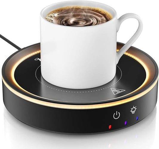 36W Mug Warmer, 3 Temperature Settings, Auto Shut Off (2-12H), Max 176°F, Wood Grain Design with Ambient Light,Ideal Gift for Home & Office (Black)