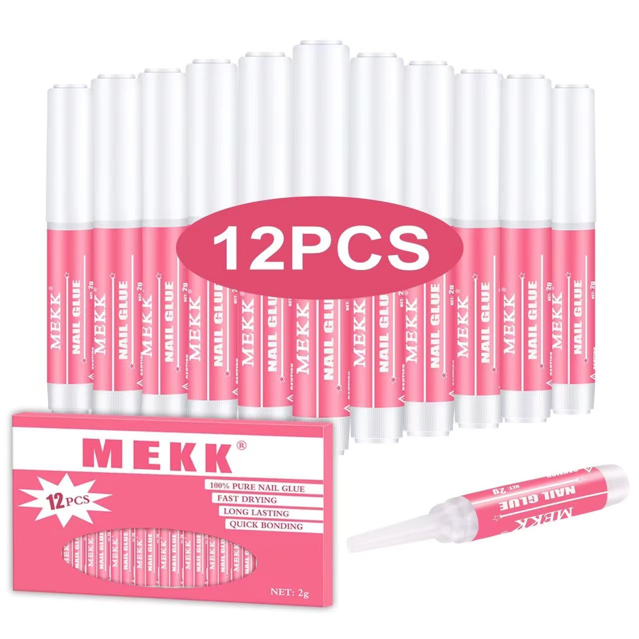 MEKK Nail Glue,Super Strong & Long-Lasting Nail Glue for Acrylic Nails,Press Ons & Nails Tips,Professional Adhesive for Nail Art Supplies,0.07OZ/PCS (12PCS)
