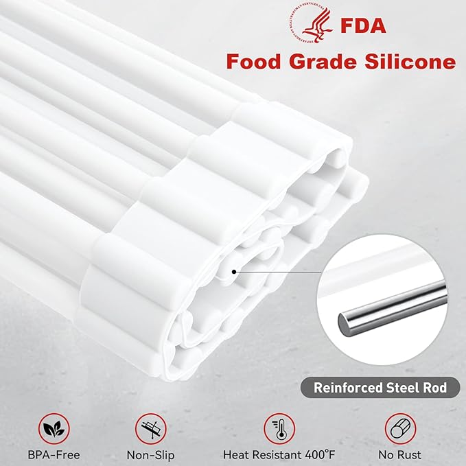 MERRYBOX Roll Up Dish Drying Rack Silicone Wrapped Over The Sink Dish Rack Foldable Dish Drainer Anti-Slip Dish Racks for Kitchen Counter, Multipurpose Kitchen Sink Drying Rack, 20.5" x 13", White