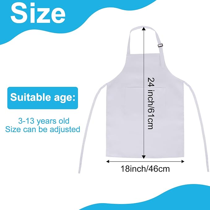6 Pack Kids Apron bulk with 2 Pockets Adjustable Chef Art Apron Kids Painting Aprons for Cooking Baking Painting Crafting Grilling Activity（White）