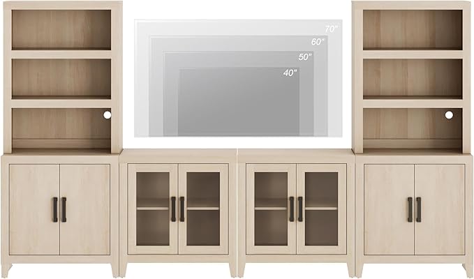 WAMPAT Entertainment Center with Bookshelves, 4-Piece Modular TV Stand with Storage Towers, Farmhouse Media Console with Glass Doors for Living Room, Bedroom, Beige