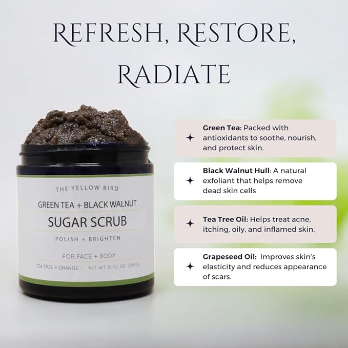 Natural Green Tea Sugar Scrub. Face, Body, and Foot Exfoliator. Helps with Moisturizing, Acne, Celluite, Wrinkles, and Exfoliating Dead Skin.