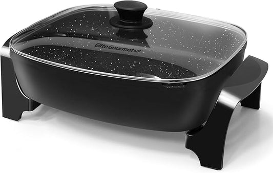 Elite Gourmet EG-6203X Extra Deep 16"x13"x3.2" (10.5Qt.) Scratch Resistant, Easy Pour Spout, Dishwasher Safe, Non-stick Electric Skillet with Vented Glass Lid, Adjustable Temperature, Black