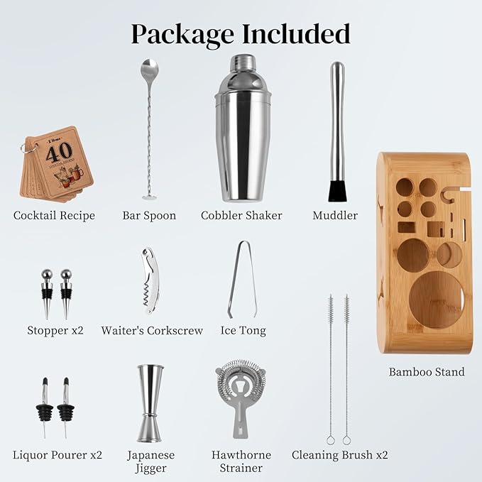 X Home Bartender Kit with Stand, Cocktail Shaker Set for Enthusiasts and Beginners | Includes Martini Shaker, Easy-to-Measure Jigger, Hawthorne Strainer, Mixing Spoon and More, Bartender Kit Gifts