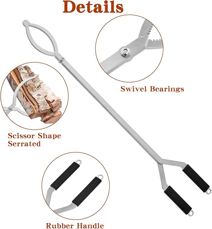 36" Stainless Steel Fire Log Tongs Firewood Grabber and Fire Poker Set,Large Fire Pit Tool Outdoor/Indoor Bonfire Campfire Backyard Deck Camping Log Grabber Safely Moves Firewood