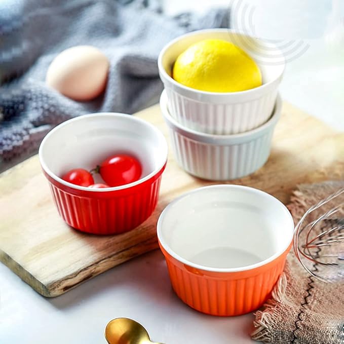 Ramekins 6oz Oven Safe,Creme Brulee Ramekin and Souffle Dishes,Porcelain Baking Bowls,Dipping Sauce Dish.Pudding Cups,Set of 6,Yellow.