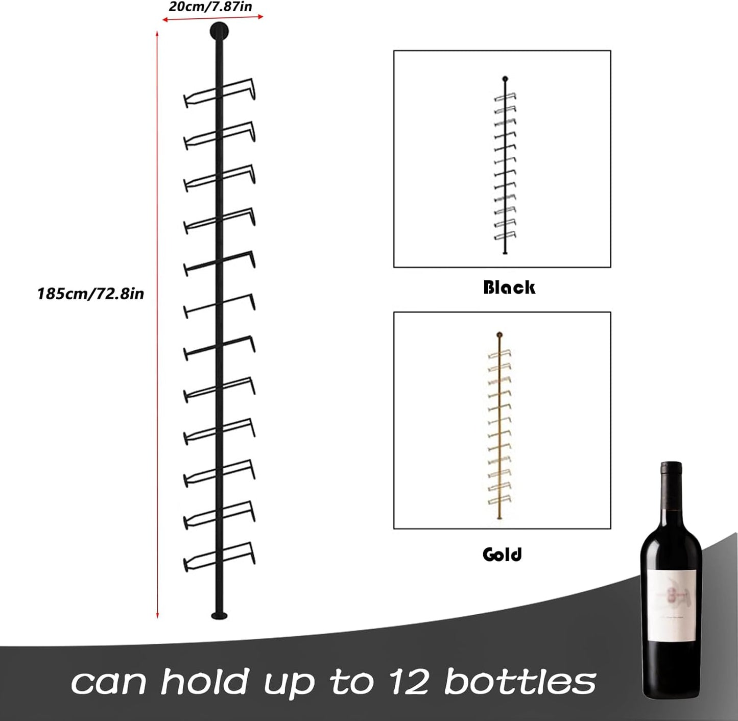 Wine Rack Wall Mounted, 72.8in High Metal Wine Bottle Holder for 12 Bottles, Kitchen Organization and Wine Storage for Commercial Restaurants Pantry Bar Wine Cellar (Gold, six rows-72 Bottles)