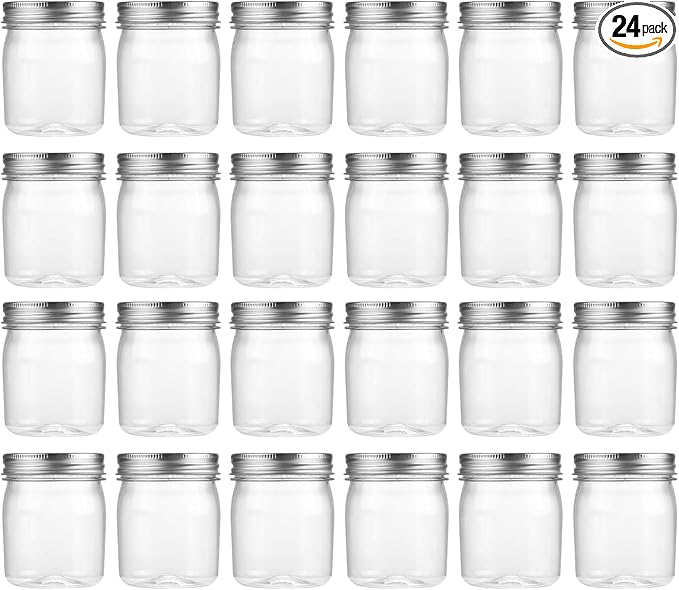 novelinks 8 oz Clear Plastic Jars with Airtight Lids, 24 Pack Plastic Mason Jars with Lids 8oz, Refillable Storage Slime Containers & Small Spice Jar for Kitchen Organization (24 Pack,Silver)