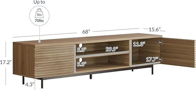 BELLEZE Fluted TV Stand for TV up to 75", Modern Entertainment Center with Storage Media Console Table with Cable Management, Wood TV Cabinet for Home Living Room Bedroom(Camel), 68"x15.6"x17.2"