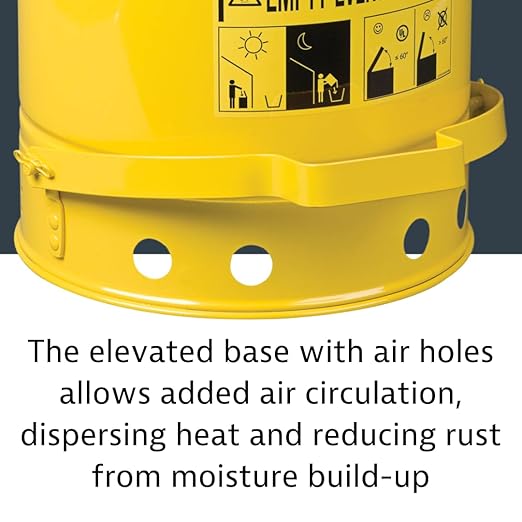 Justrite 10 Gallon Galvanized Steel Oily Waste Can, 18" x 14" Metal Oil Rag Safety Can with Foot Operated Self-Closing Lid for Oil Rag Disposal, Made in The USA, Yellow, 09301