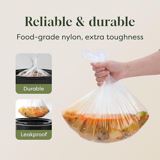 Slow Cooker Liners, Disposable Oval Large Size 13" x 21", 33 Count, Fits 3-8 Quart Pot Cooking Bags for Easy Cleanup, Food Safe & Leak-Proof