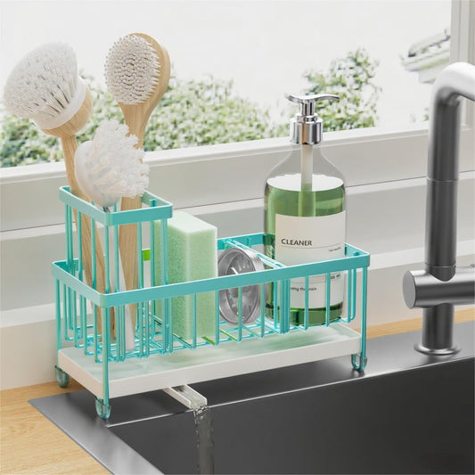 Cisily Turquoise Sponge Holder for Kitchen Sink, Sink Caddy Organizer with High Brush Holder, Kitchen Countertop Organizers and Storage Essentials, Rustproof 304 Stainless Steel, Soap Dispenser