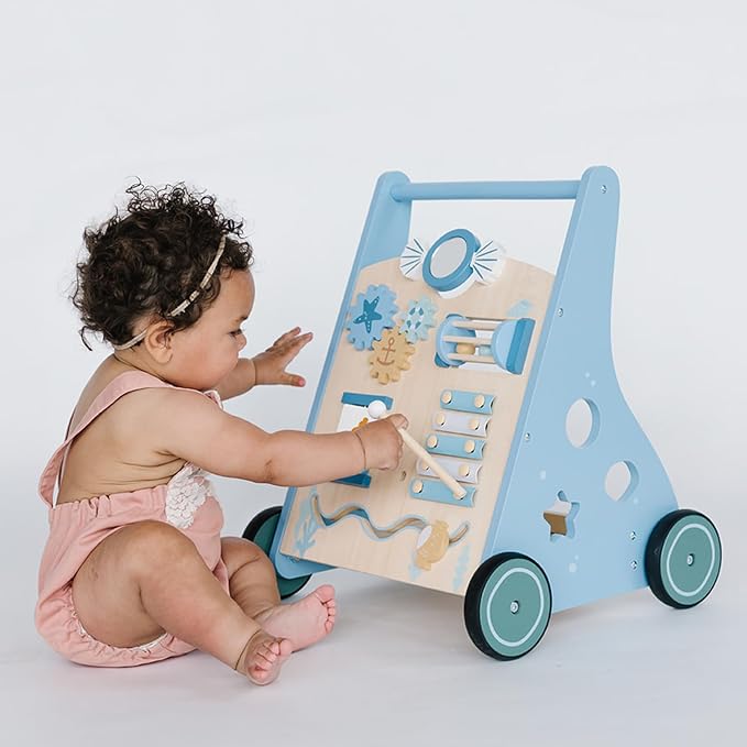 Beright Wooden Baby Walker Push and Pull Learning Activity Walker with Wheels Montessori Walker Toy Multiple Activities Center Develops Motor Skills & Stimulates Creativity (Blue)