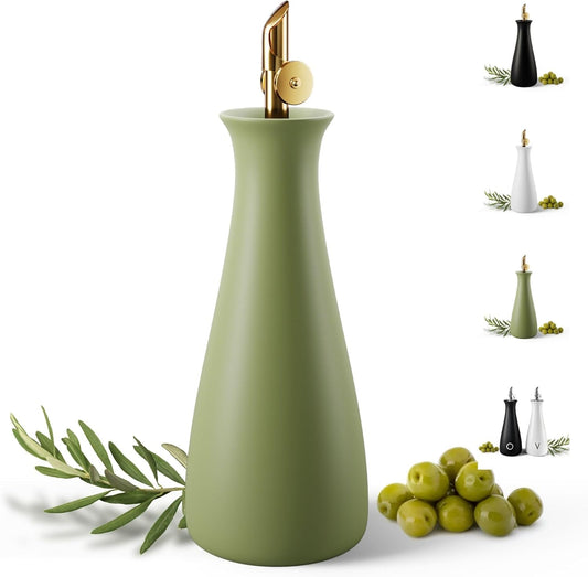 Ceramic Olive Oil Dispenser with Self-Closing Gold Spout - 530 ML Capacity Matte Green Ceramic Oil Dispenser for Kitchen - Leak Proof EVOO Dispensing Bottle - Stylish, Ergonomic, Durable, Easy Pour