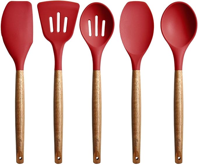 Kitchen Utensils Set, Silicone Cooking Utensils Set,Non-Stick Silicone Spatula Set with Natural Acacia Hard Wood Handle, 5 Piece, Upgraded Thickened Cookware