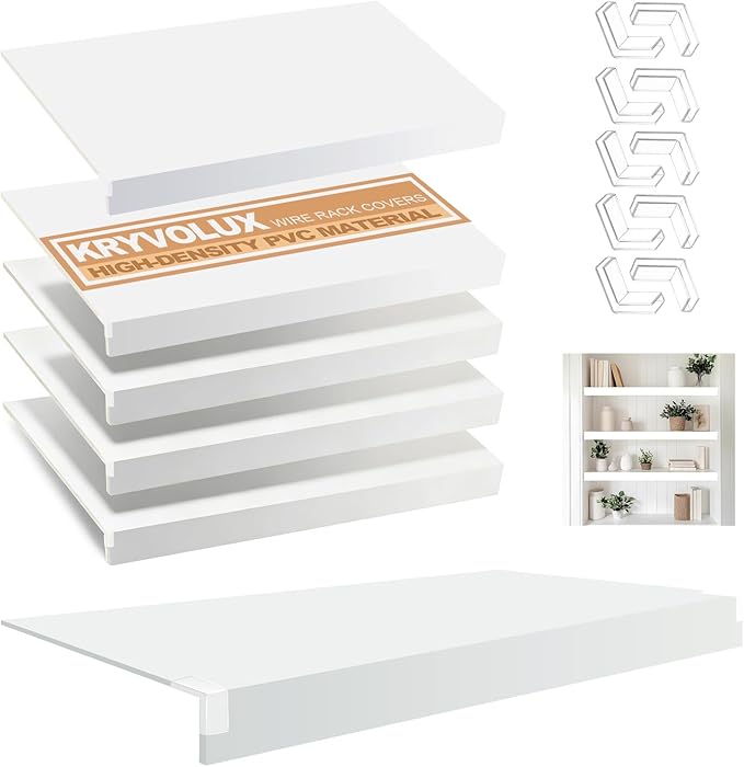 5 Pcs Wire Rack Covers 36x12x2.5 inch PVC Pantry Shelf Cover 0.31 inch Thick Removable Closet Wire Rack Shelf Covers,Decoration Kitchen Bathroom Office Shelving (Light Luxury White,36x12x2.5inch)