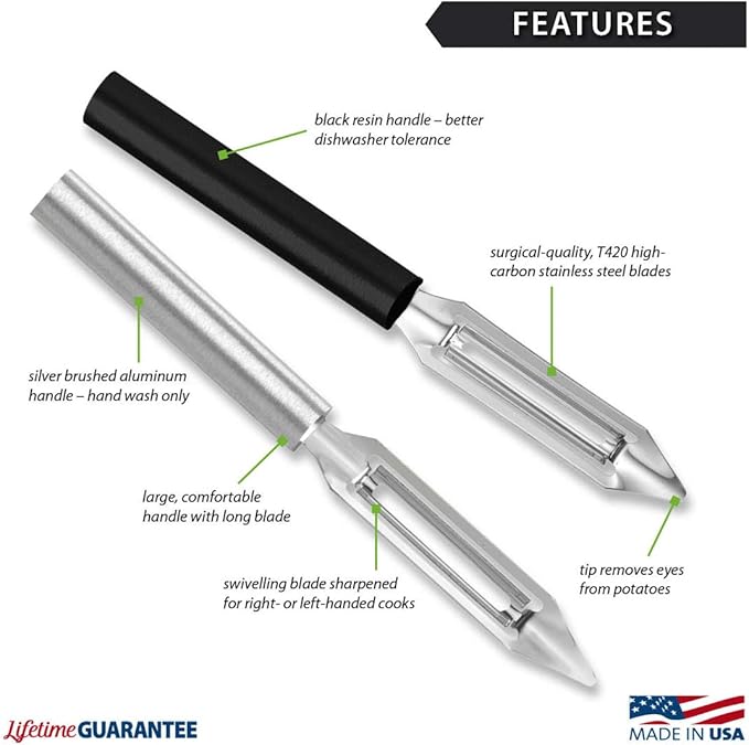 Rada Cutlery Deluxe Vegetable Peeler (W241), 2" Stainless Steel Swiveling Blade, Black Handle, Pack of 2