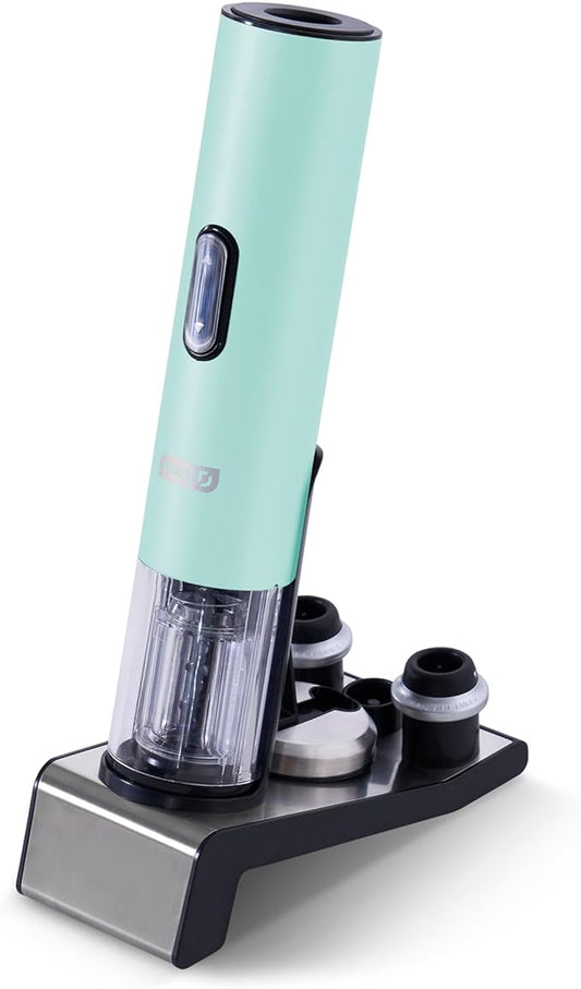 Dash Serve & Preserve Wine Set – Rechargeable Electric Wine Preservation System – Wine Bottle Opener, Vacuum Sealer, 2 Reusable Caps + Charging Base – Aqua