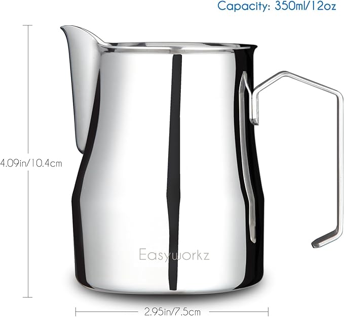 Easyworkz Stainless Steel Espresso Cup 2pcs Set Double Wall 2.5 oz, Bundled Espresso Steaming Pitcher Stainless Steel 12 oz Coffee Frothing Picther Milk Jug Cappuccino Latte Art Cup